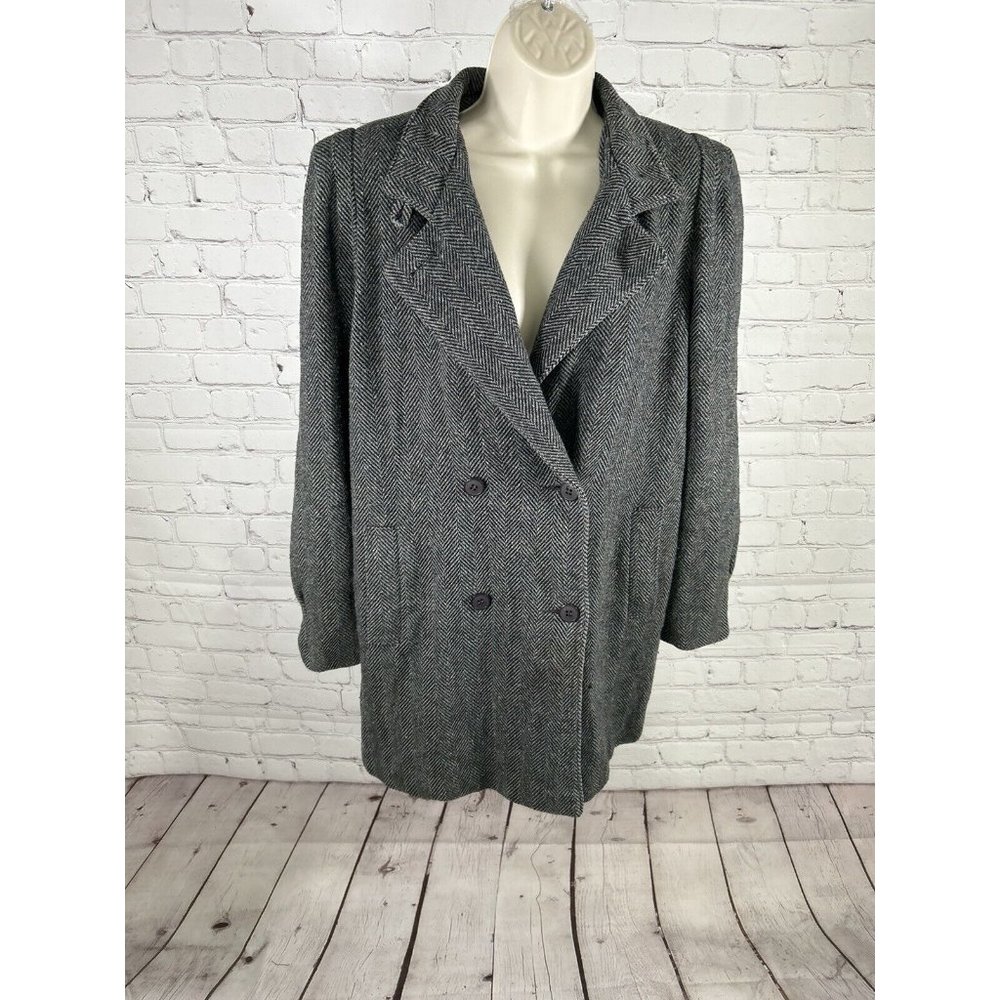 VTG 90s NYG New York Girl Grey/ Black Herringbone Wool Double Breasted Coat 14